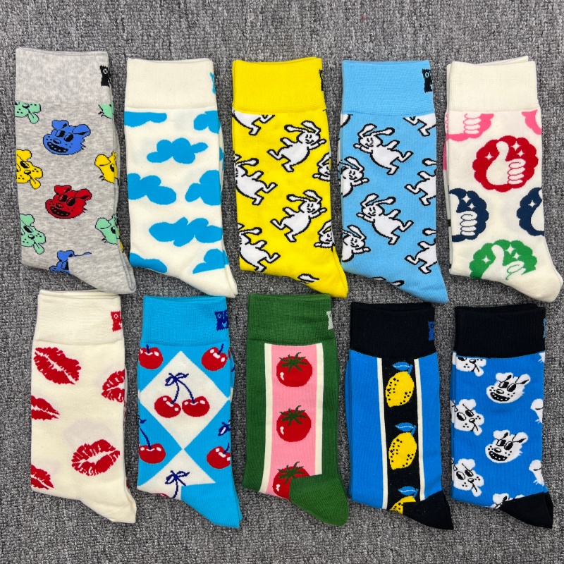 happy卡通中筒袜彩色多巴胺女袜