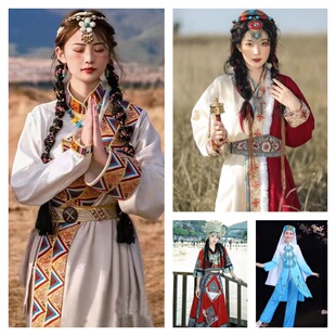 出租新款藏族苗回服装女藏袍旅游少数民族风拍照舞蹈演出服装租赁