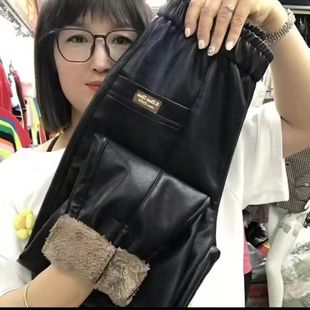 情侣皮裤羊羔绒加绒加厚高腰防水松紧腰防寒保暖大码直筒皮裤