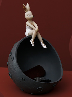 创意太空兔女郎玄关钥匙收纳摆件北欧客厅N装饰半月球模型干果盘