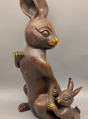 仿古纯铜点金母子兔黄铜t生肖兔子铜器工艺品家居办公室装饰摆件