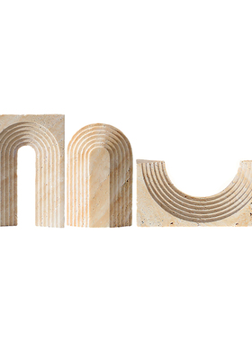 现代极简a大理石几何抽象异形摆件样板间双圆环黄洞石桌面软装饰