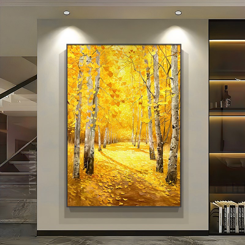 热销《银杏福林》k手绘风景油画新中式客厅挂画现代轻奢玄关走廊