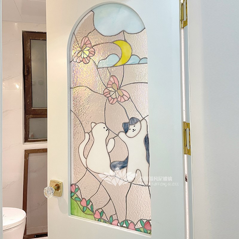 小红书同款蒂凡i尼玻璃ins猫咪月亮法式简约弧形玻璃客厅玄关隔断