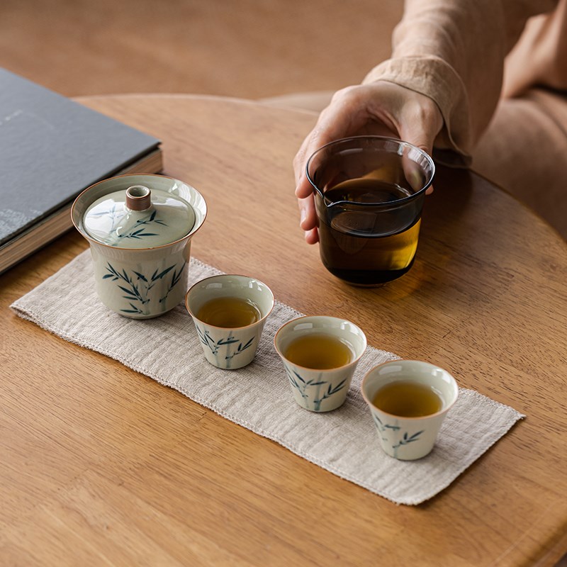 画续户外旅行功夫茶具套装手绘A便携式玻璃快客杯一壶二杯陶瓷手