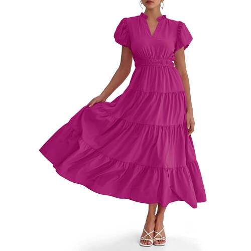 Womens Summer Midi Dress Puff Short Sleeve V Neck Flowy
