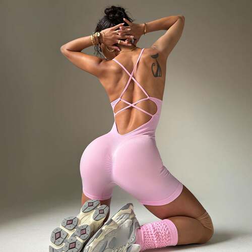 Womens Halter One-Piece Shorts Crisscross Strap Back Design