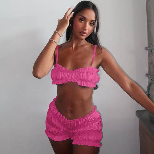Solid Satin Frill Trim Cami Crop Top & Shorts Two Pieces Set