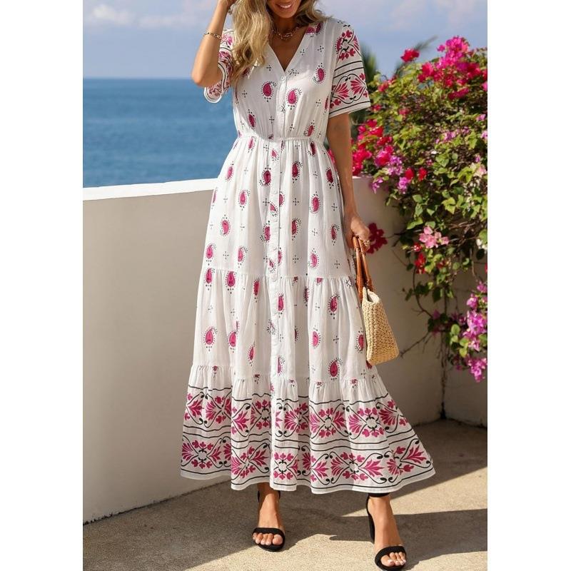 Women'S Summer Maxi Dress Trendy Short Sleeve V Neck Flowy图片