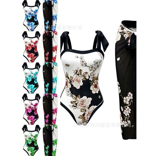 Floral off - shoulder two - piece swimsuit with cover - up