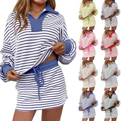 Womens Striped 2 Piece Outfits Casual Sweatshirt Skirt Set