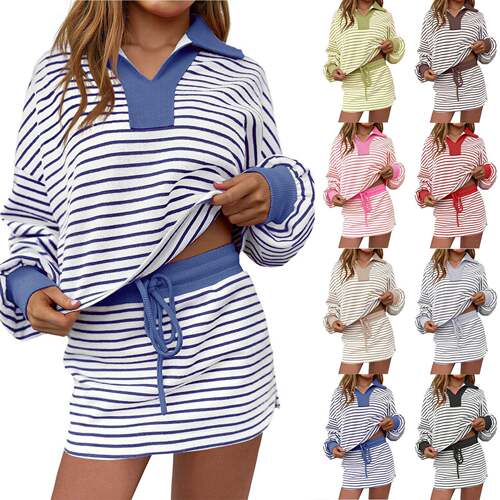 Womens Striped 2 Piece Outfits Casual Sweatshirt Skirt Set