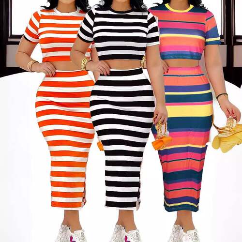 Two-Piece Set Womens Casual Fashion Striped Print Round Neck