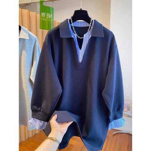 Womens Fall New Colorblock Striped Dual Layer V-Neck Fake