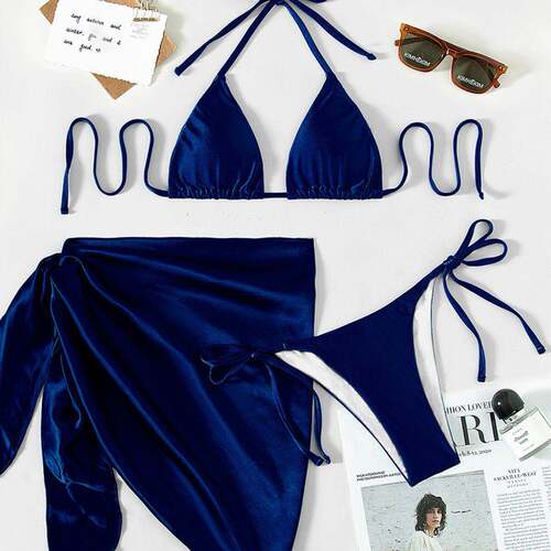 Women ' s Solid Color Swimsuit Set , Halter Triangle Bra &