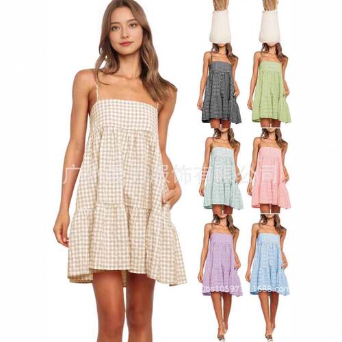 Womens Plaid A-Line Dresses Shoulder Straps Ruffle Hem