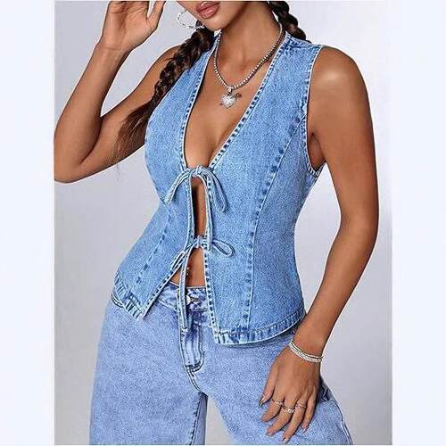 Womens Blue V-Neck Sleeveless Waistcoat Summer Casual Denim