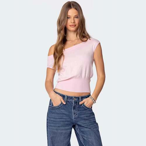 Summer Sexy Elegant Asymmetrical Shoulder Ice Silk Pullover