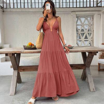 Solid Color Deep V Neck Flowy Casual Dress , Vacation Style