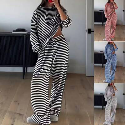 Womens Casual Striped Long Sleeve Knit Top & Pants Set
