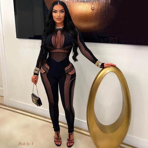 Womens Plain Hollow Out Black Dress Long Sleeve Bodycon Midi