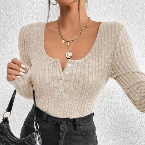 Women'S Long Sleeve Henley Shirts Slim Fitted Ribbed Knit