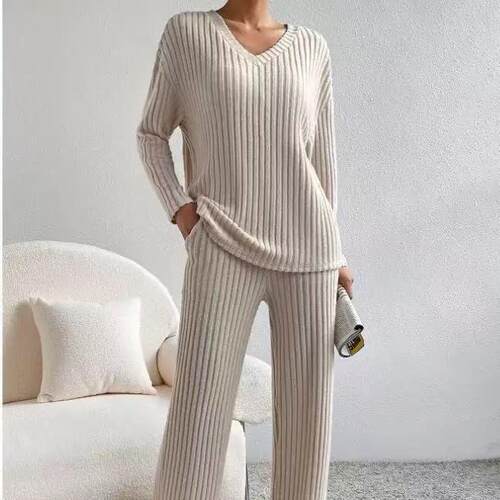 Womens Ribbed Knit 2-Piece Loungewear Set V-Neck Oversized