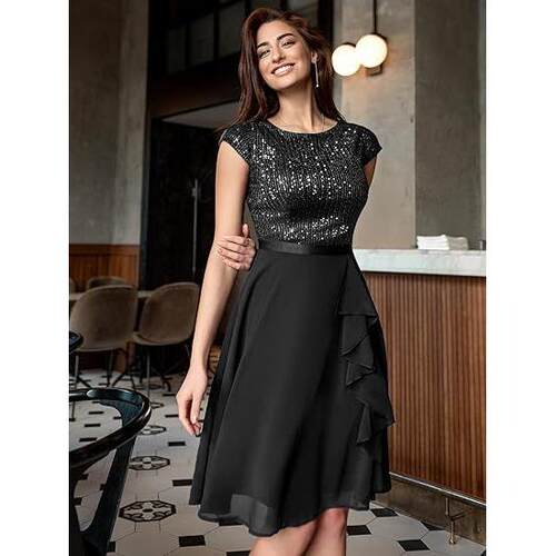 Women'S Plus-Size Chiffon Dress with Sequin Patchwork Formal