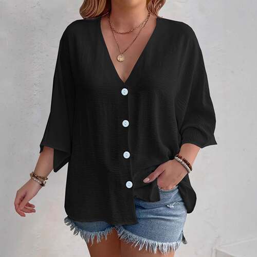 Women ' s V - Neck Button Ice Silk Wrinkle Solid Color