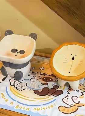 猫碗陶瓷高脚斜口护颈食盆不易打翻大口径防黑下巴成猫幼猫咪饭碗