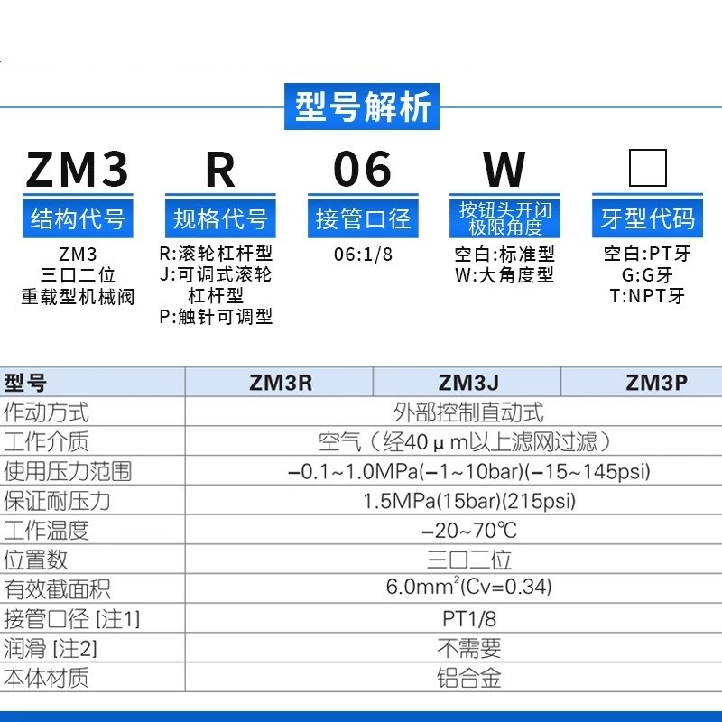 AirTAC亚德客重载型机械阀气动行程开关ZM3P-06 ZM3OJ-06 ZM3R-06