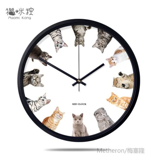 Creative Cute Wall Cloctk Cat Silent Art Simple Glass Round