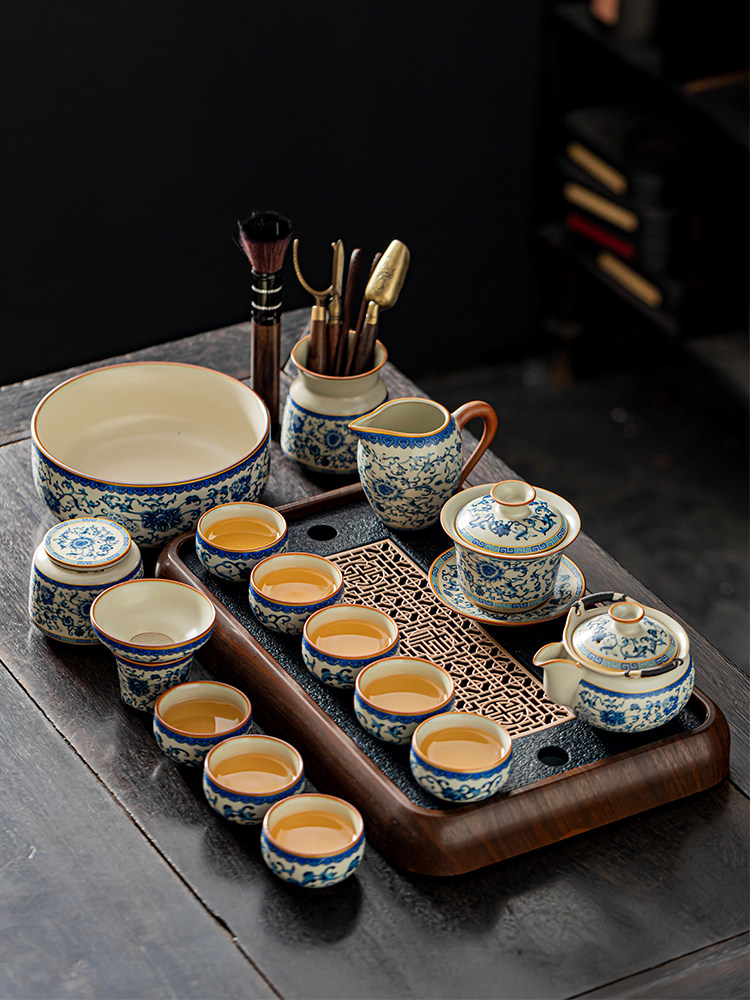 汝窑功夫茶具高档青花瓷茶壶盖碗茶杯办公室小茶盘全套