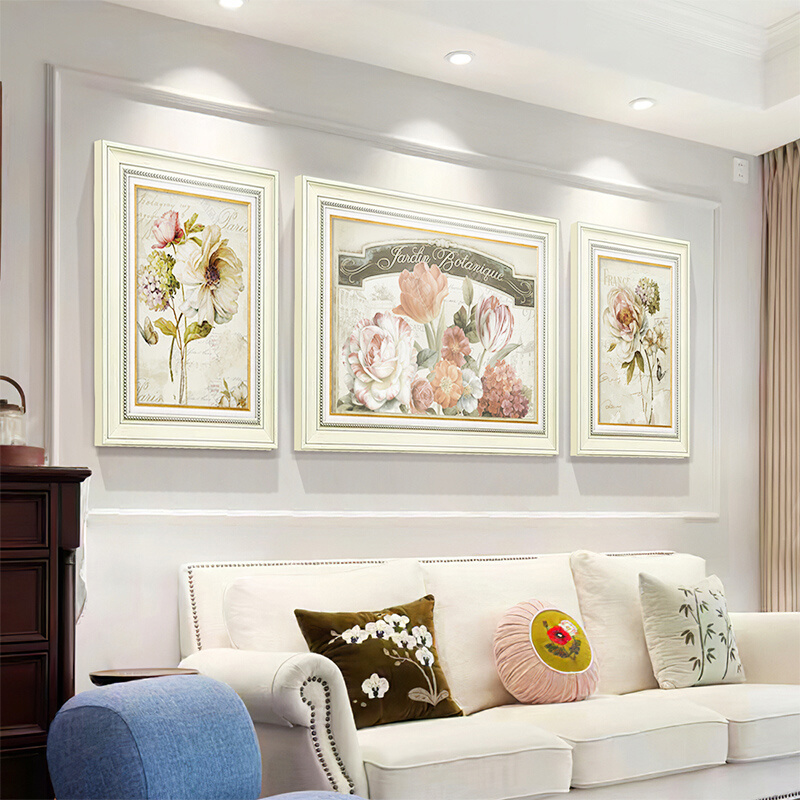 欧式客厅装饰画复古沙发背景墙三联画卧室花卉田园简欧壁画法式图片