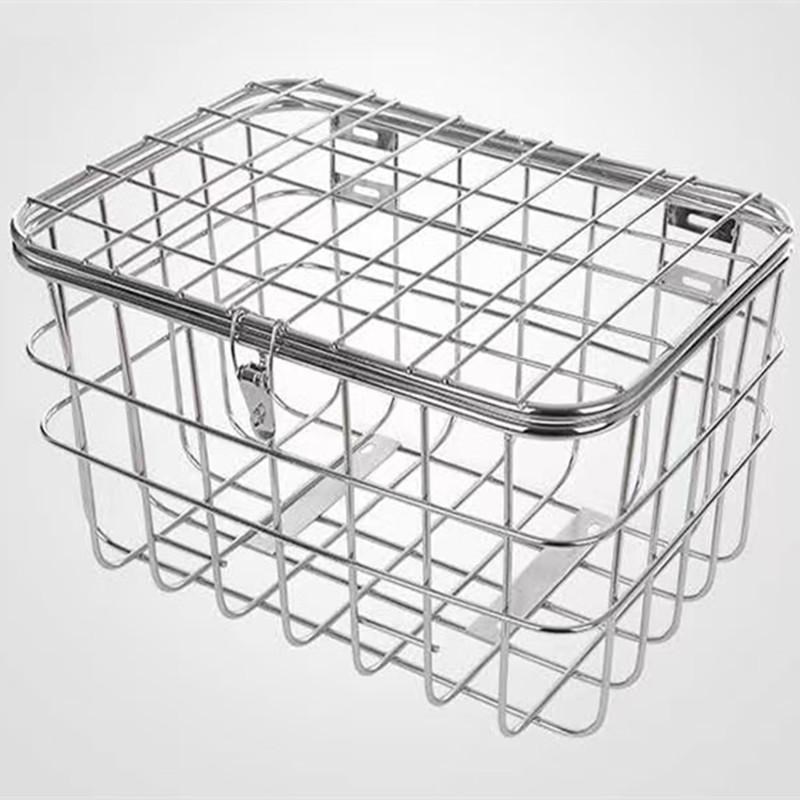 不锈钢实心电动休闲车筐篮篓金属大号三J轮车后置宠物菜篮带盖锁