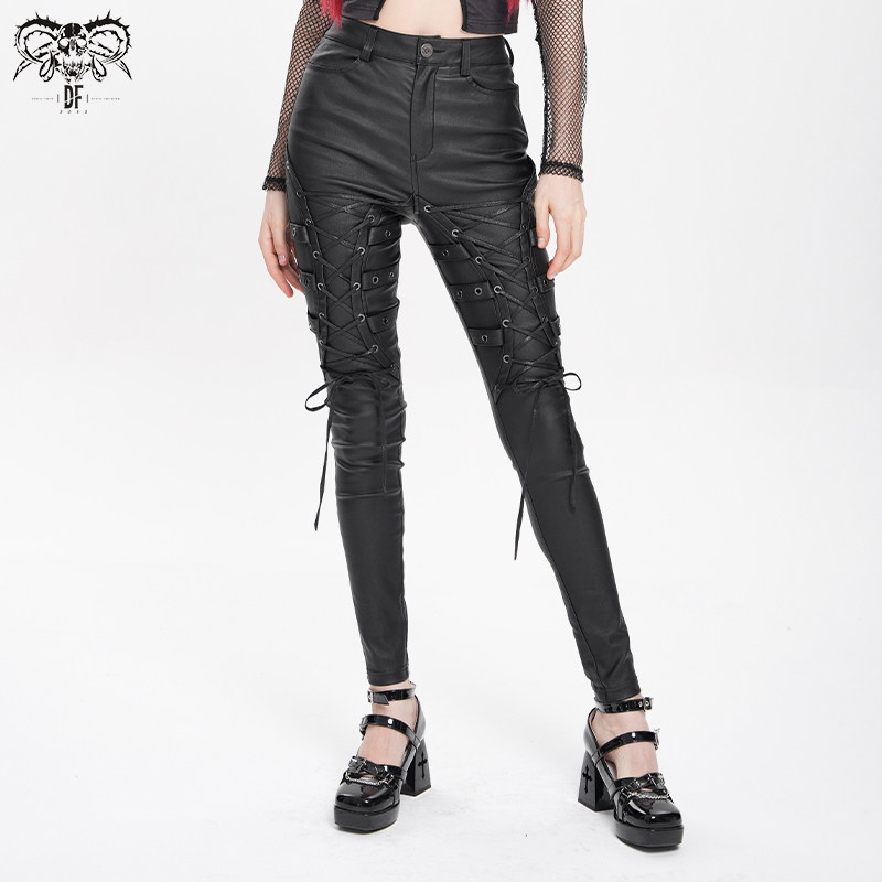 Devil fashion恶魔时尚 大腿处可绑绳暗黑紧身朋克长裤子女PT279