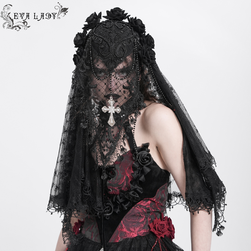 哥特蕾丝菱形网十字架头饰面纱