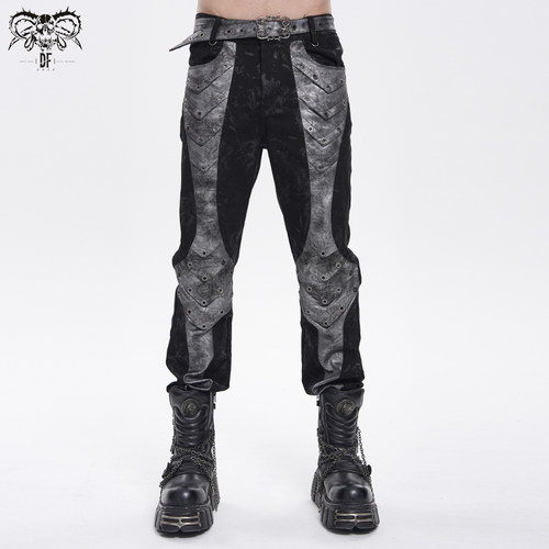 DEVIL FASHION恶魔时尚烫金斜纹拼仿皮梭织朋克长裤【PT295】