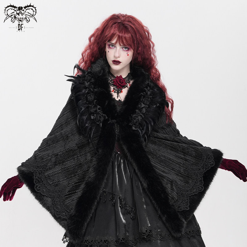 DEVIL FASHION恶魔时尚双面绒毛领玫瑰花羽毛哥特披肩【CA053】