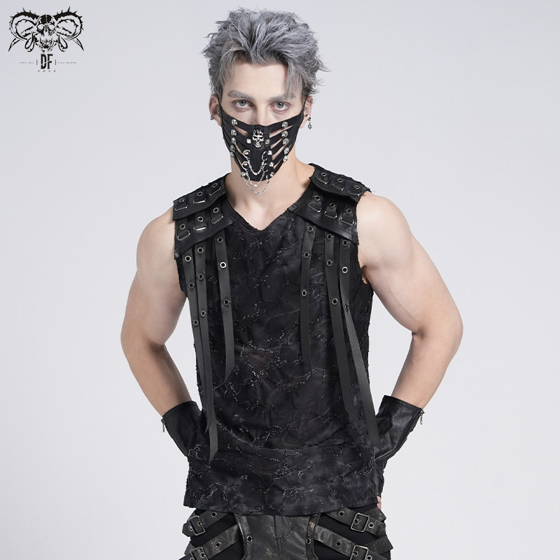 Devil fashion恶魔时尚 不规则烧花毛边朋克无袖T恤男装背心TT292