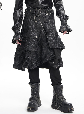 Devil fashion恶魔时尚 男女同款褶皱黑色自带腰带半裙【SKT227】