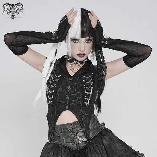 DEVIL FASHION恶魔时尚蛇纹印花梭织挂脖露肩朋克衬衣【SHT150】
