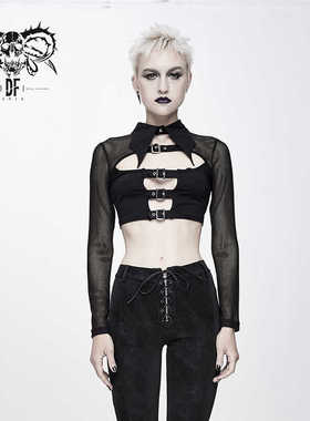 Devil fashion 纯黑色镂空性感铆钉长袖圆领短款女T恤【TT122】