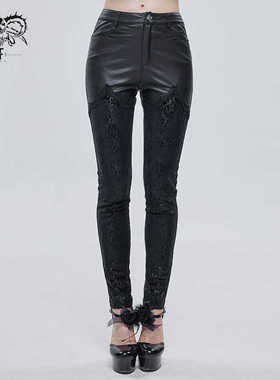 Devil fashion 显瘦修身黑色哥特丝绒花基本款打底裤【PT157】