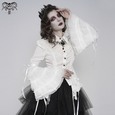 DEVIL FASHION恶魔时尚哥特条纹荷叶边大袖摆衬衫【SHT159】