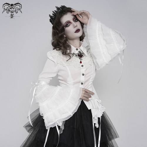 DEVIL FASHION恶魔时尚哥特条纹荷叶边大袖摆衬衫【SHT159】