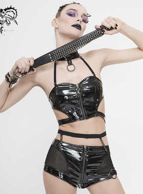 Devil fashion 辣妹黑色镂空设计感朋克漆皮性感小短裤【PT129】