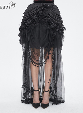 EvaLady 哥特哑光色丁料缩折拼软密网暗黑系半身长裙【ESKT049】