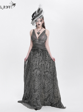 EvaLady 气质优雅收腰树枝烟雾图案绣花吊带连衣裙【ESKT008】