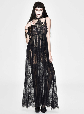 EVA LADY小众连衣裙女黑色礼服气质蕾丝复古长裙女【ESKT024S】